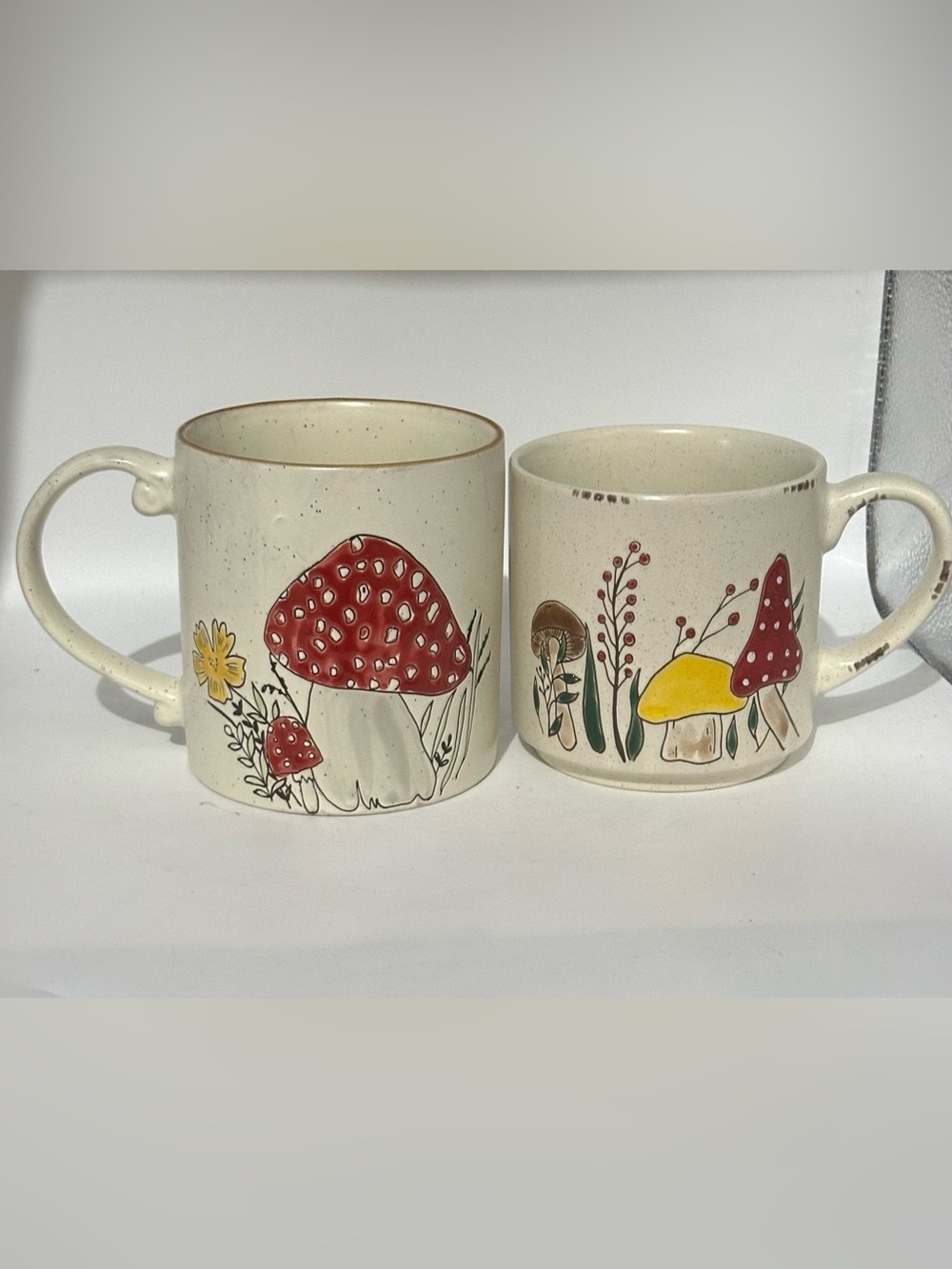 Hand-Painted Mushroom Ceramic Coffee Mugs.  Set of 2